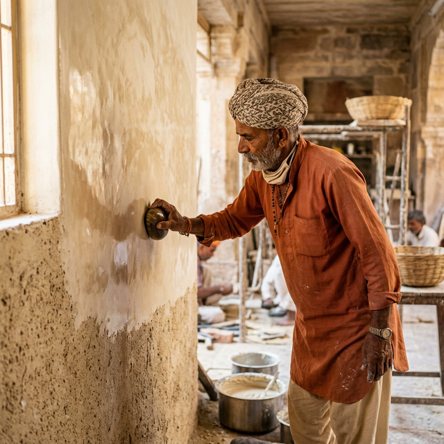 LimeMitti master artisan hand-polishing traditional Araish lime plaster