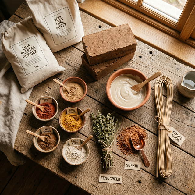 LimeMitti eco-friendly construction products display — lime plaster, earth blocks, natural pigments